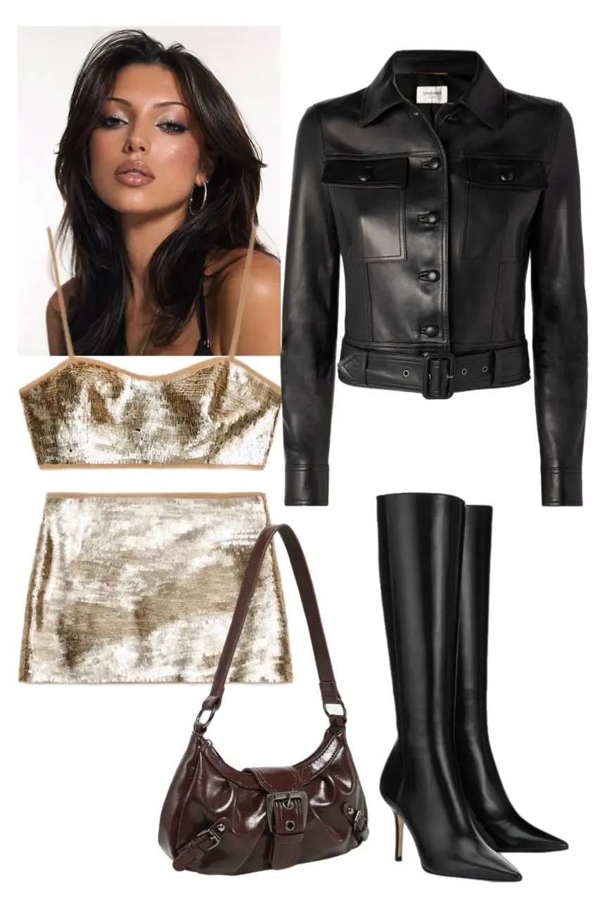 Y2K outfit flat lay with champagne gold sequin crop top and matching mini skirt, black belted leather jacket with button hardware, black knee-high stiletto boots, dark brown buckle shoulder bag, with dark-haired model reference image, outfit 14
