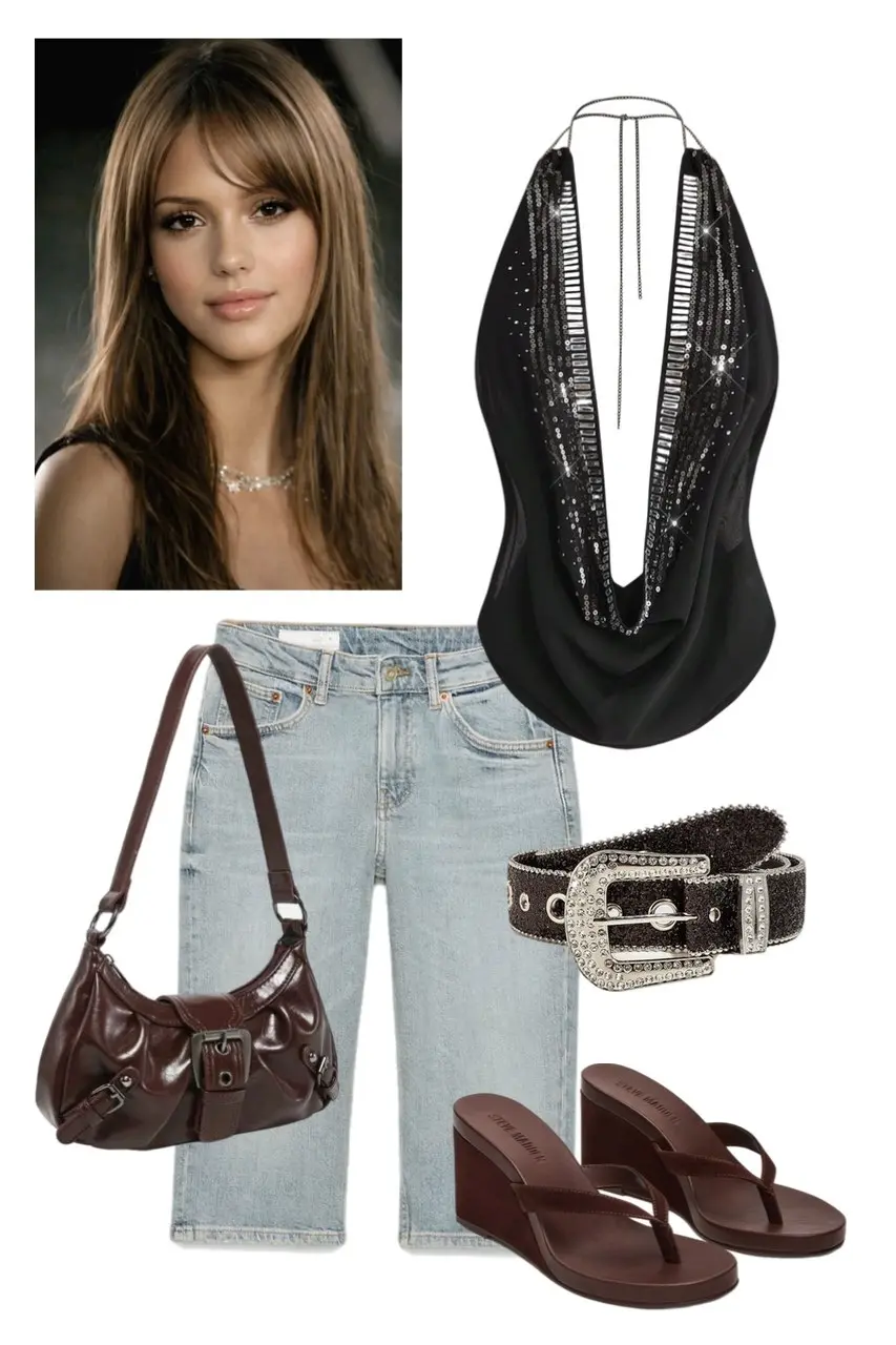 Y2K outfit flat lay with black backless sequin rhinestone chain halter top, light-wash bermuda denim shorts, rhinestone western belt, dark chocolate patent buckle shoulder bag, and brown wedge flip-flops with Jessica Alba reference image, outfit 16