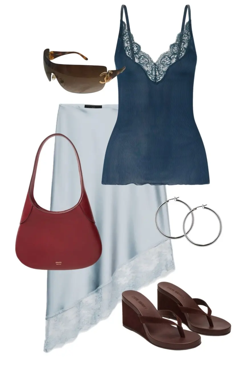 Y2K outfit flat lay with teal lace-trimmed ribbed cami top, powder blue asymmetric satin slip skirt with lace hem, brown wedge flip-flops, red structured mini shoulder bag, tortoiseshell Chanel shield sunglasses, and silver hoop earrings, outfit 17