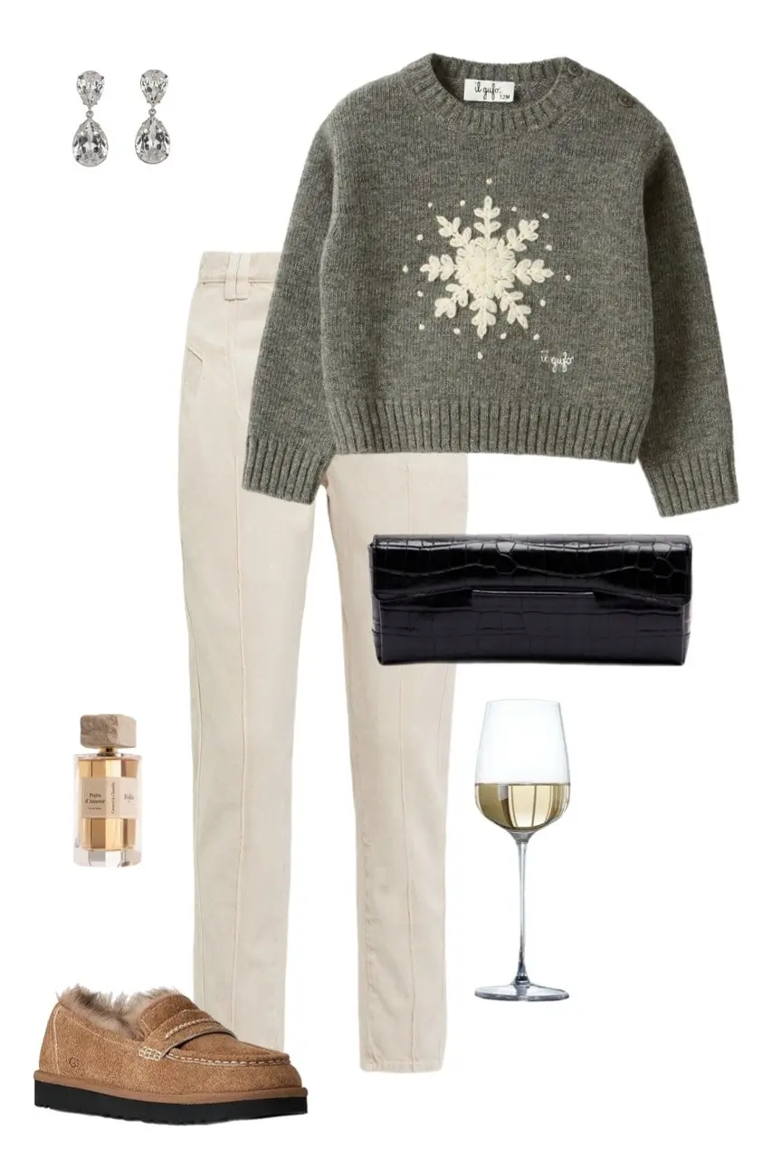 sage green snowflake embroidered knit sweater cream tailored trousers tan UGG loafers black croc clutch crystal drop earrings outfit 1