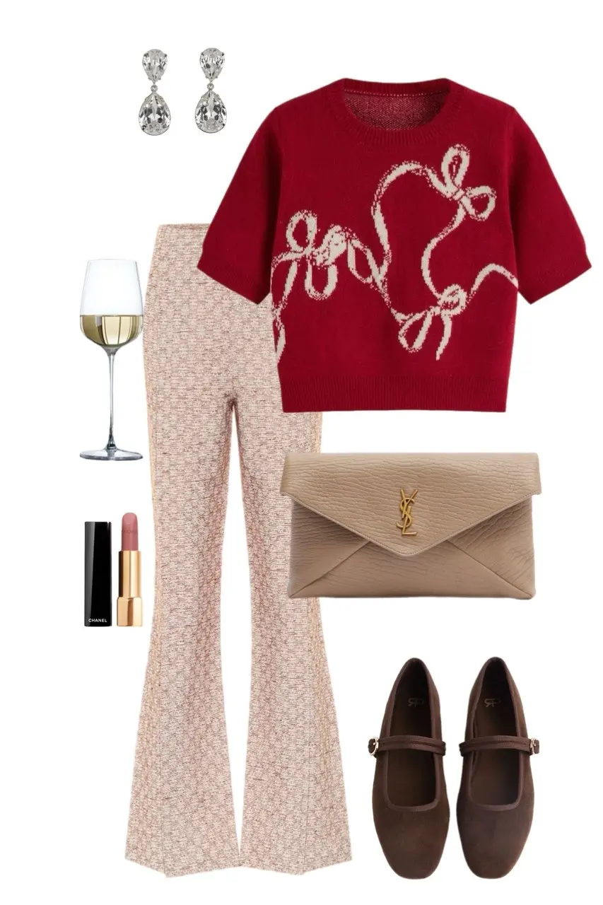 red short sleeve bow intarsia knit top blush pink tweed flare trousers brown Mary Jane flats beige YSL envelope clutch crystal drop earrings Chanel lipstick outfit 2
