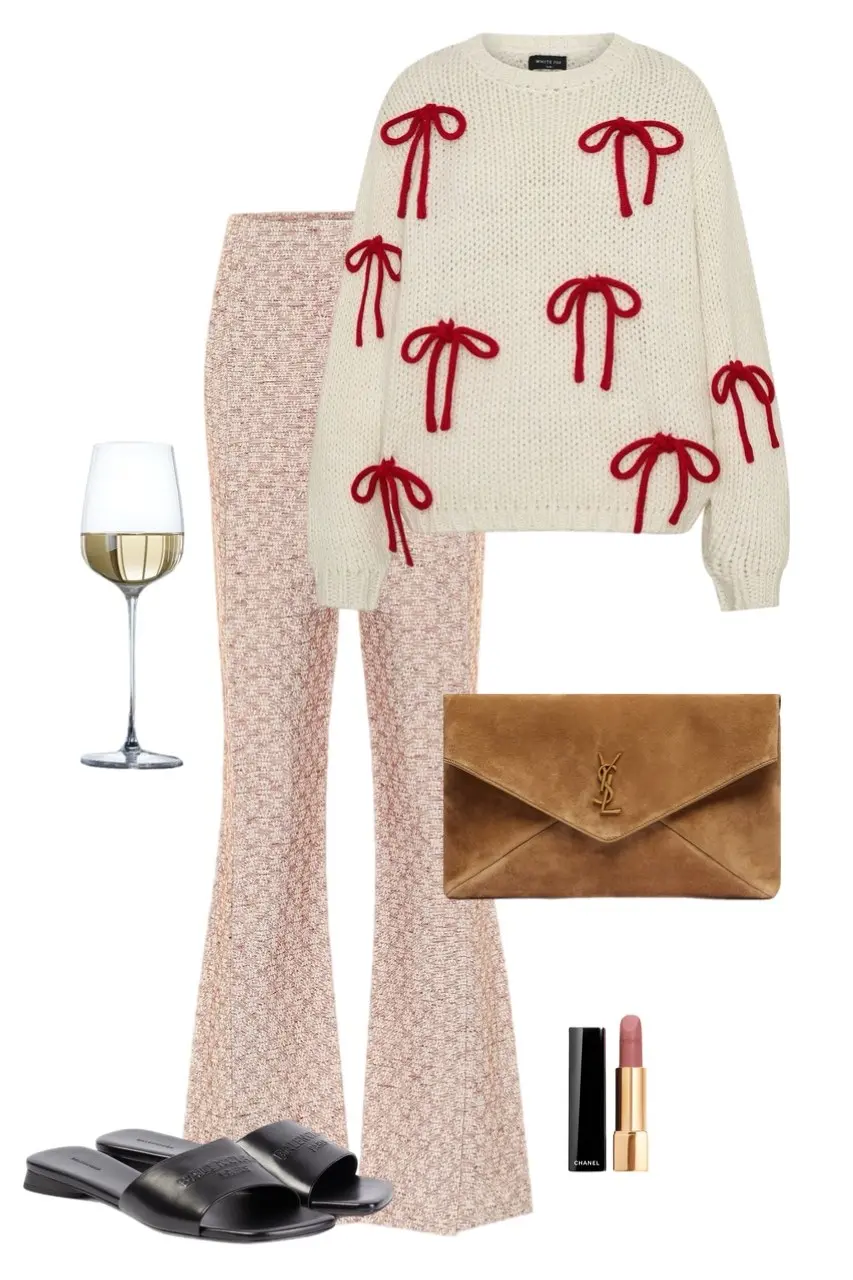 cream chunky knit sweater red 3D bow appliques pink textured flare trousers black logo slide sandals caramel suede YSL clutch Chanel lipstick outfit 4