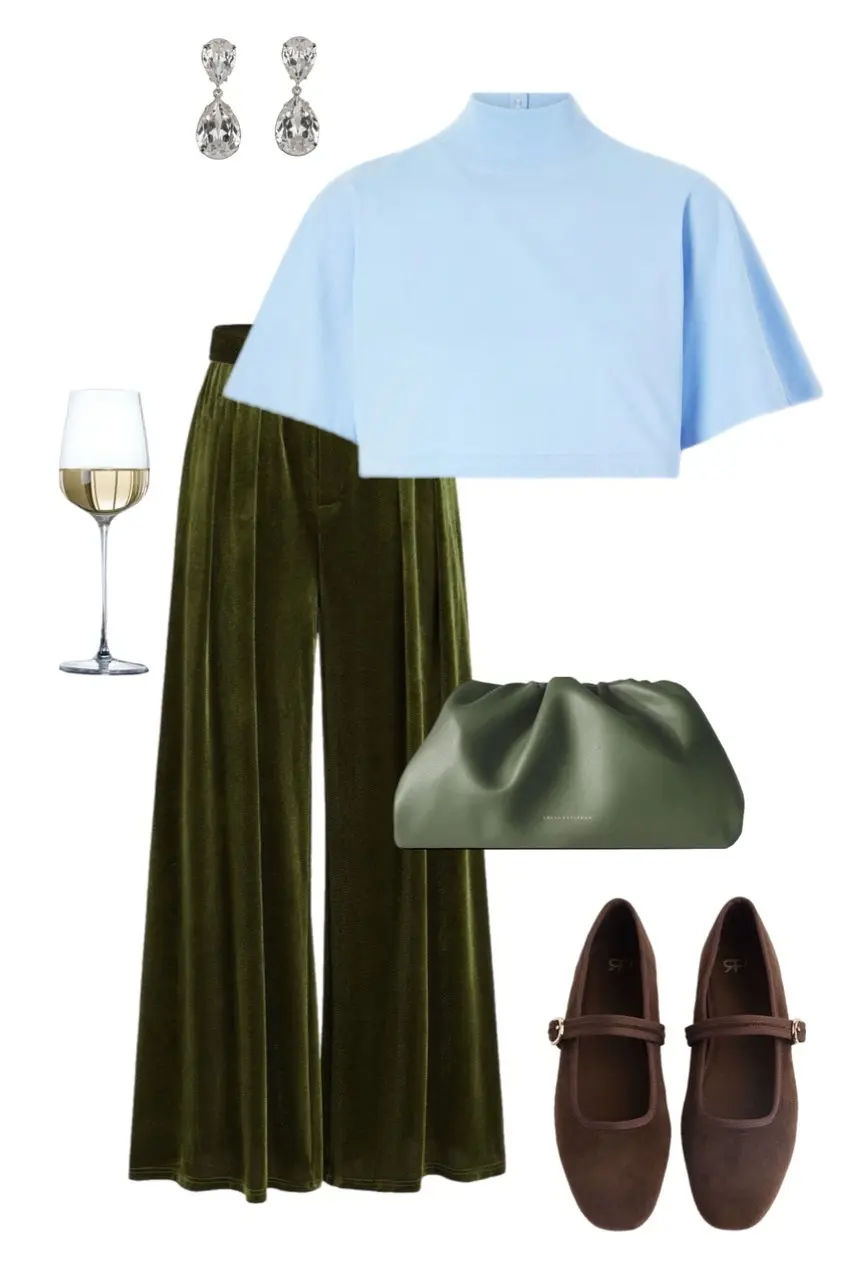 powder blue mock neck crop top olive green velvet wide leg trousers brown Mary Jane flats green leather pouch clutch crystal drop earrings outfit 5
