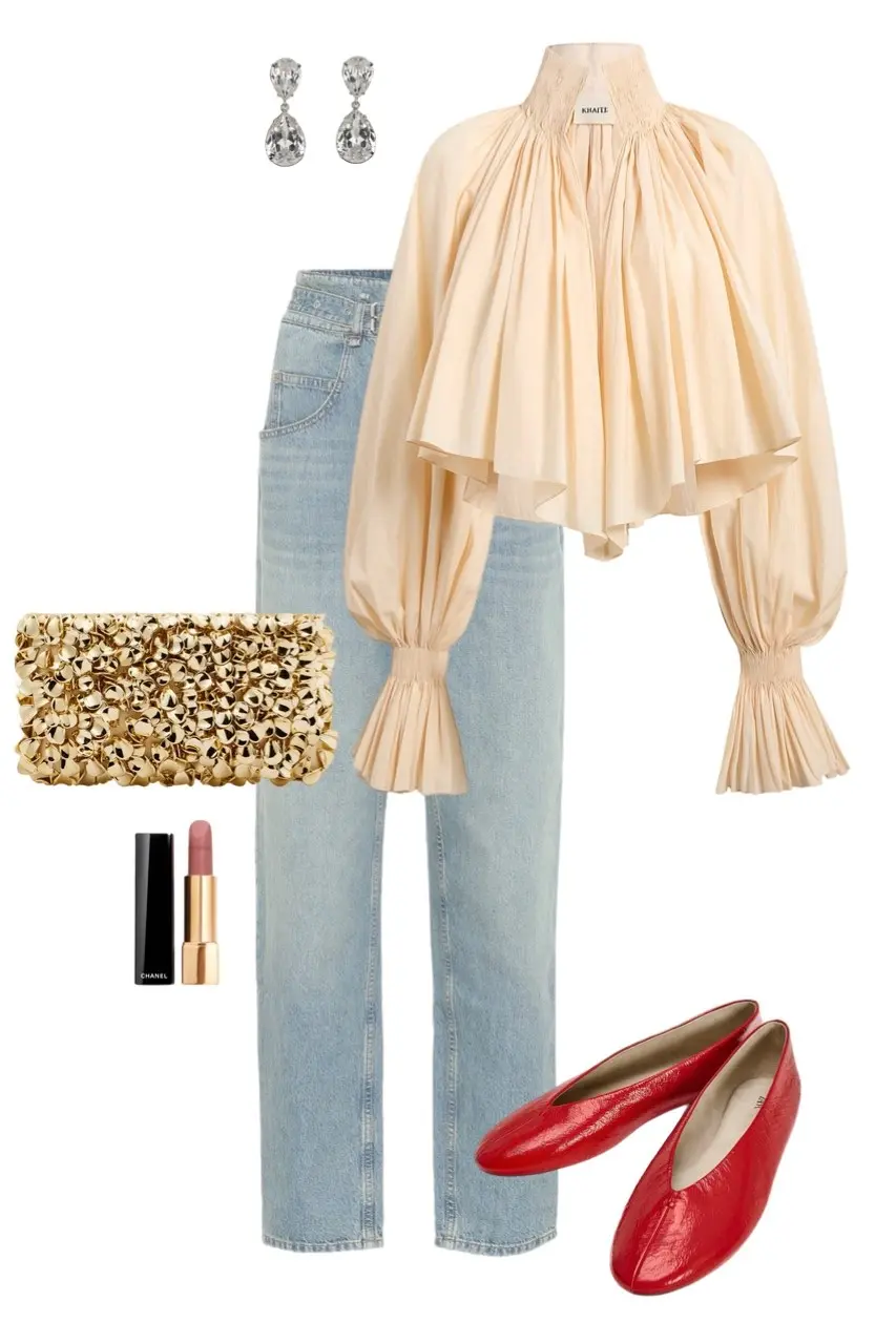 cream voluminous balloon sleeve ruched silk blouse light wash straight jeans red leather ballerina flats gold textured minaudiere clutch crystal drop earrings Chanel lipstick outfit 7