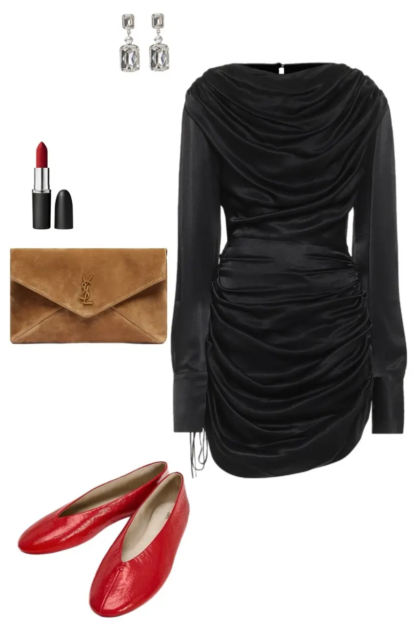 black draped ruched satin mini dress long sleeves red leather ballerina flats caramel suede YSL clutch crystal rectangular drop earrings red MAC lipstick outfit 8