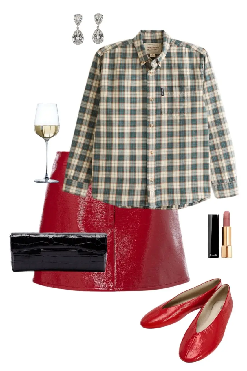green tartan flannel button down shirt red patent vinyl A-line mini skirt red leather ballerina flats black croc clutch crystal drop earrings Chanel lipstick outfit 10