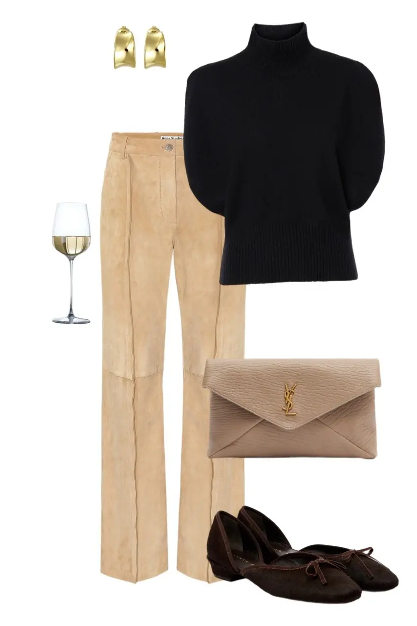 black short sleeve turtleneck knit sweater sand camel suede wide leg trousers dark brown velvet bow ballet flats blush leather YSL clutch gold hoop earrings outfit 11