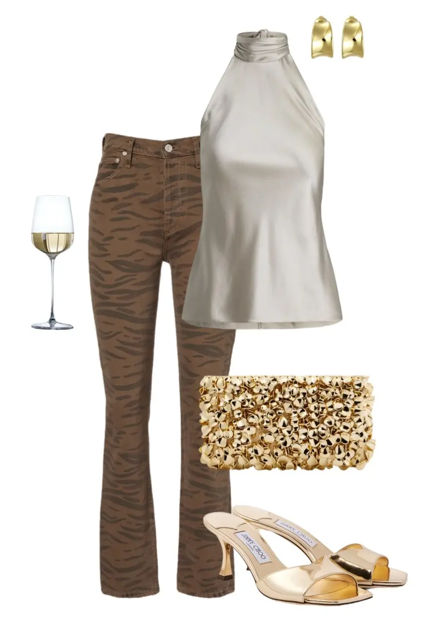 silver grey satin halter neck top brown tiger print flare jeans gold heeled slide sandals gold textured minaudiere clutch gold sculptural hoop earrings outfit 13