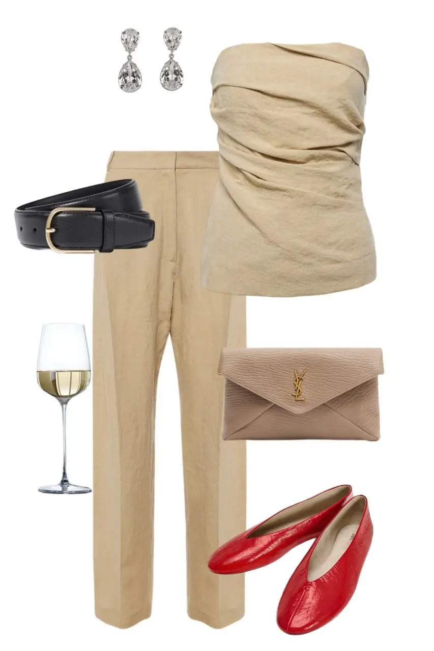 champagne sand draped strapless linen top camel tailored trousers black leather belt red leather ballerina flats blush YSL envelope clutch crystal drop earrings outfit 14