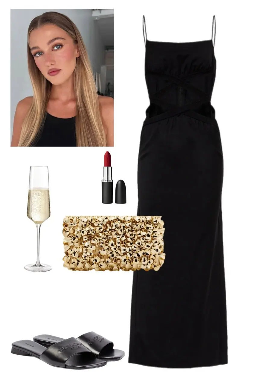 black spaghetti strap corseted bodice cutout midi dress black flat logo slide sandals gold textured minaudiere clutch red MAC lipstick champagne flute blonde highlighted hair makeup inspiration outfit 16