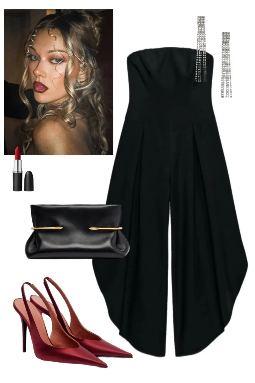 black strapless wide-leg jumpsuit red satin slingback heels crystal drop earrings black leather clutch red lipstick Christmas party outfit 1