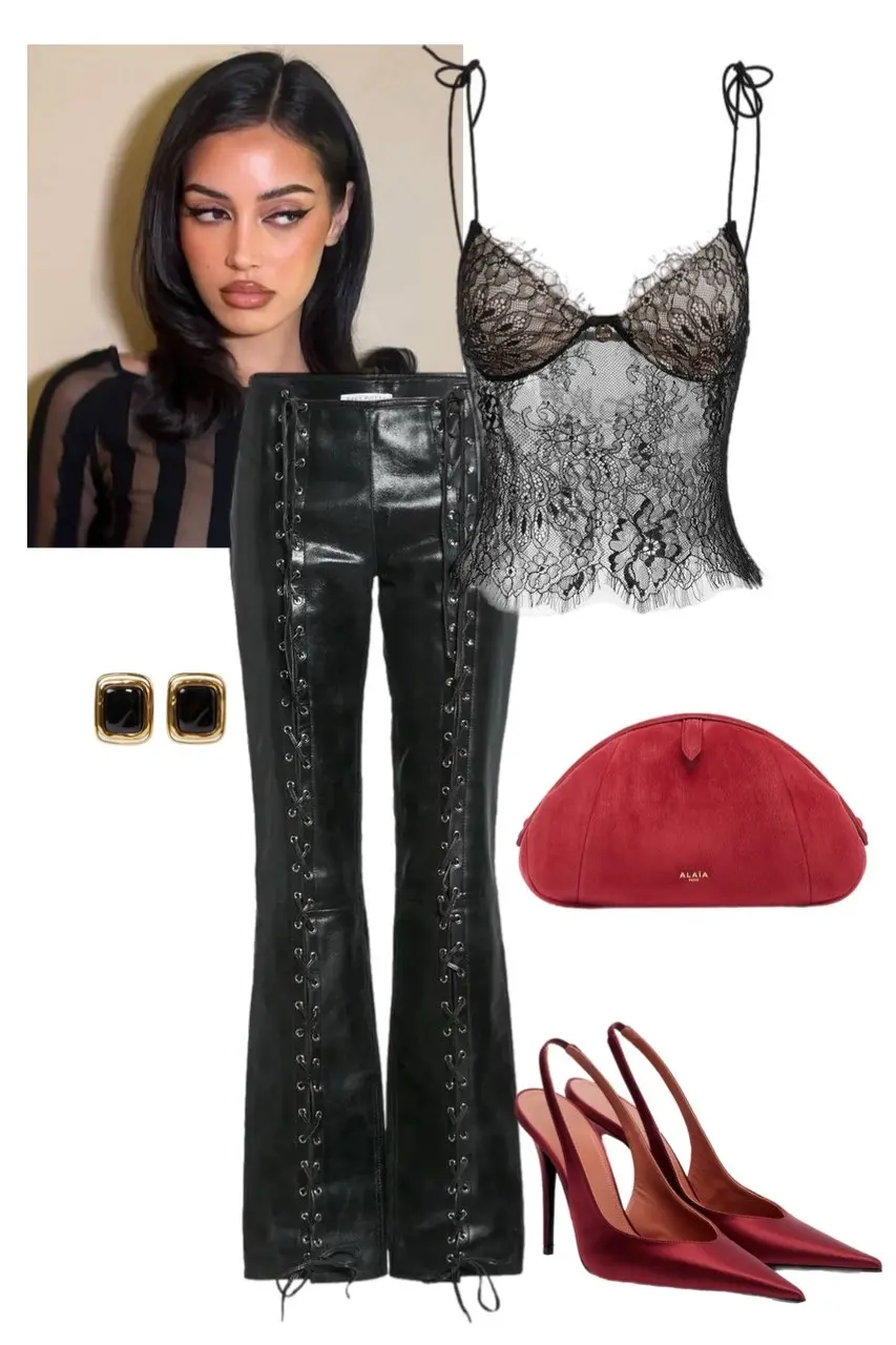 black sheer lace camisole top black leather lace-up flare trousers red suede clutch gold black stone stud earrings red satin heels Christmas night out outfit 2
