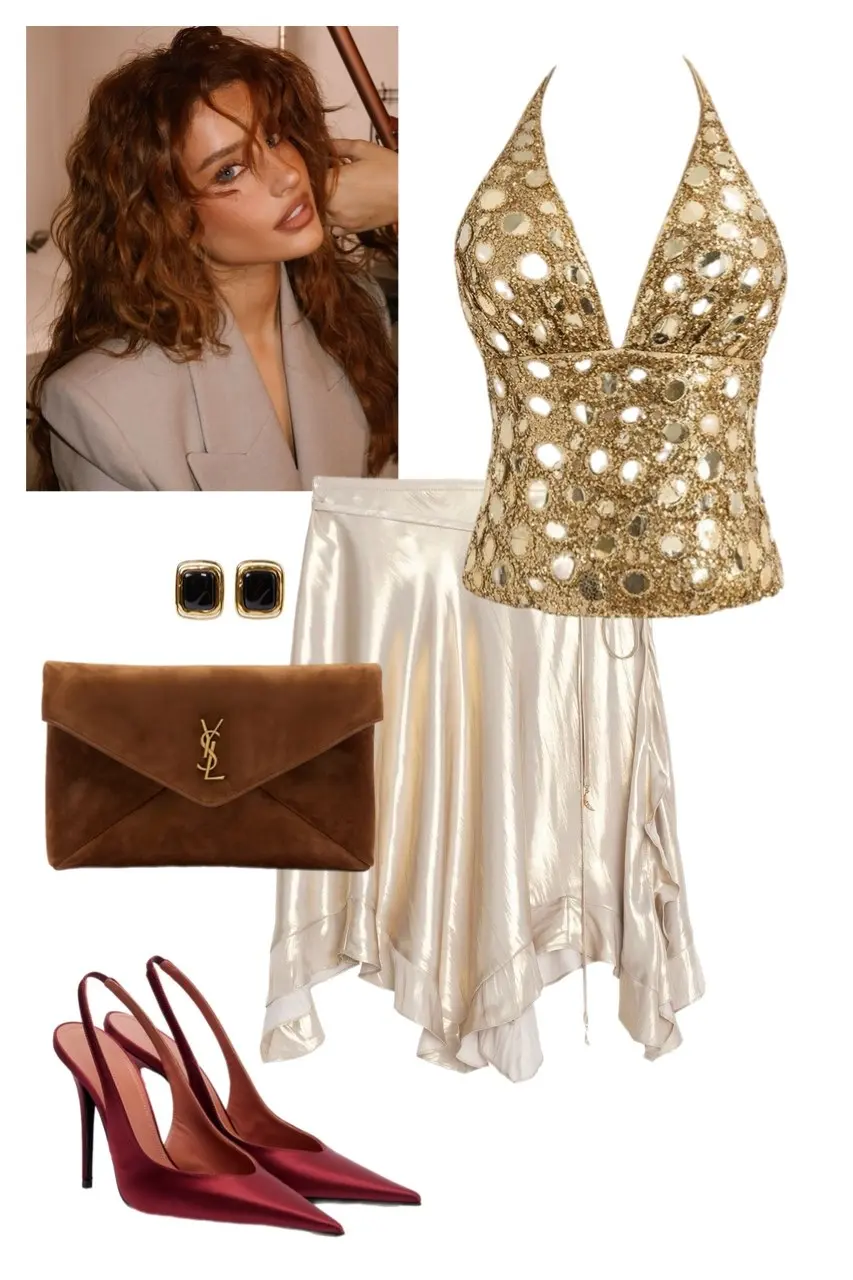 gold mirror embellished halter top champagne satin asymmetric skirt red satin slingback heels caramel suede envelope clutch gold black stone stud earrings Christmas party outfit 4