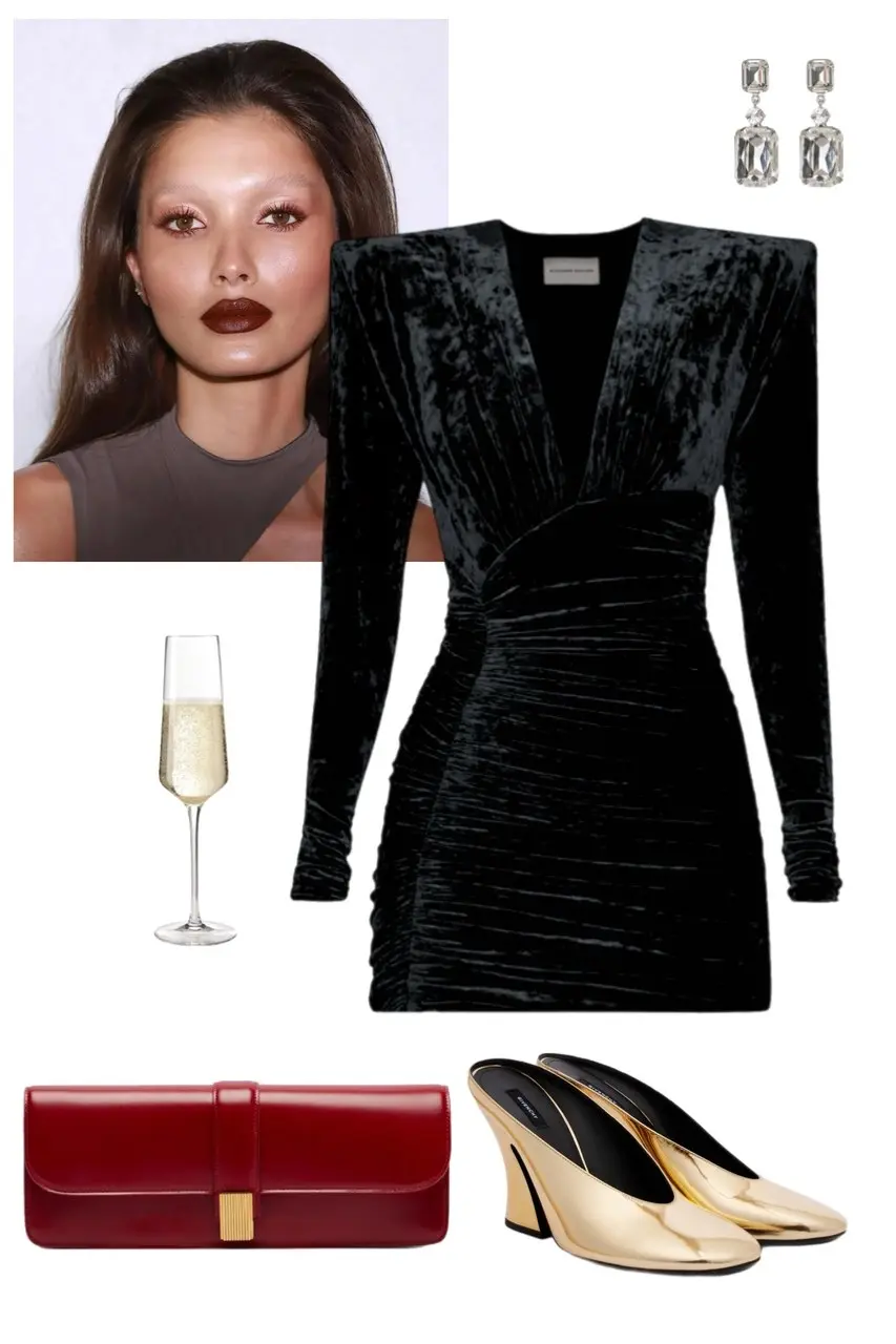 black crushed velvet mini dress strong shoulders deep V-neck gold metallic mule heels red patent leather clutch crystal drop earrings Christmas night out outfit 5