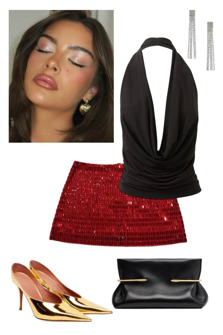 black open-back draped halter top red sequin embellished mini skirt gold metallic mule heels black leather gold bar clutch long crystal drop earrings Christmas night out outfit 7