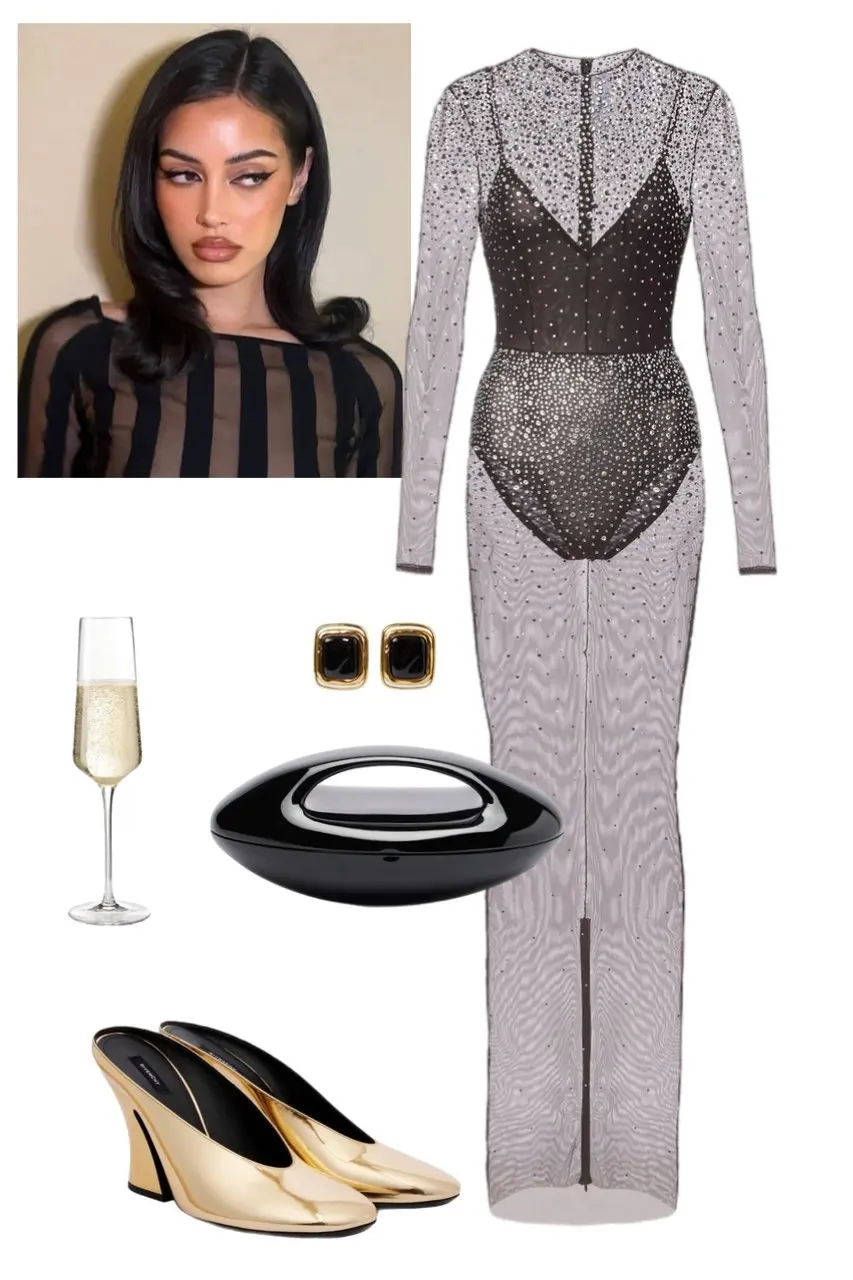 sheer crystal embellished mesh maxi gown dark slip lining long sleeve gold metallic architectural mule heels black sculptural pod clutch gold black stone earrings Christmas party outfit 8