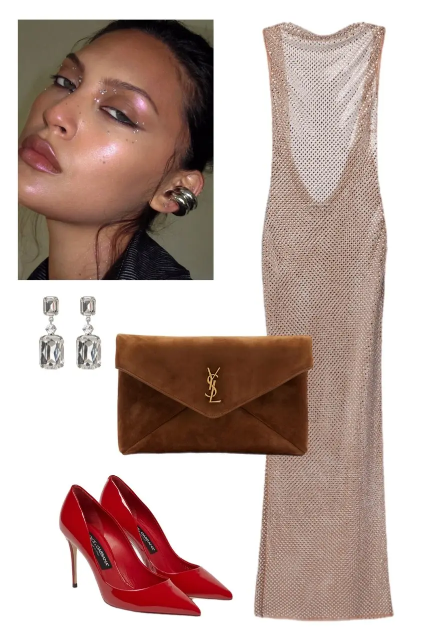 rose gold chainmail mesh maxi gown sleeveless red patent pointed toe pumps caramel suede envelope clutch crystal drop earrings Christmas party outfit 10