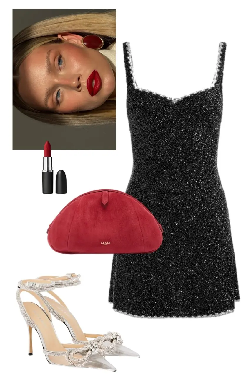 black crystal encrusted mini dress sweetheart neckline frayed crystal hem red suede half-moon clutch silver crystal bow heels red lipstick Christmas party outfit 11