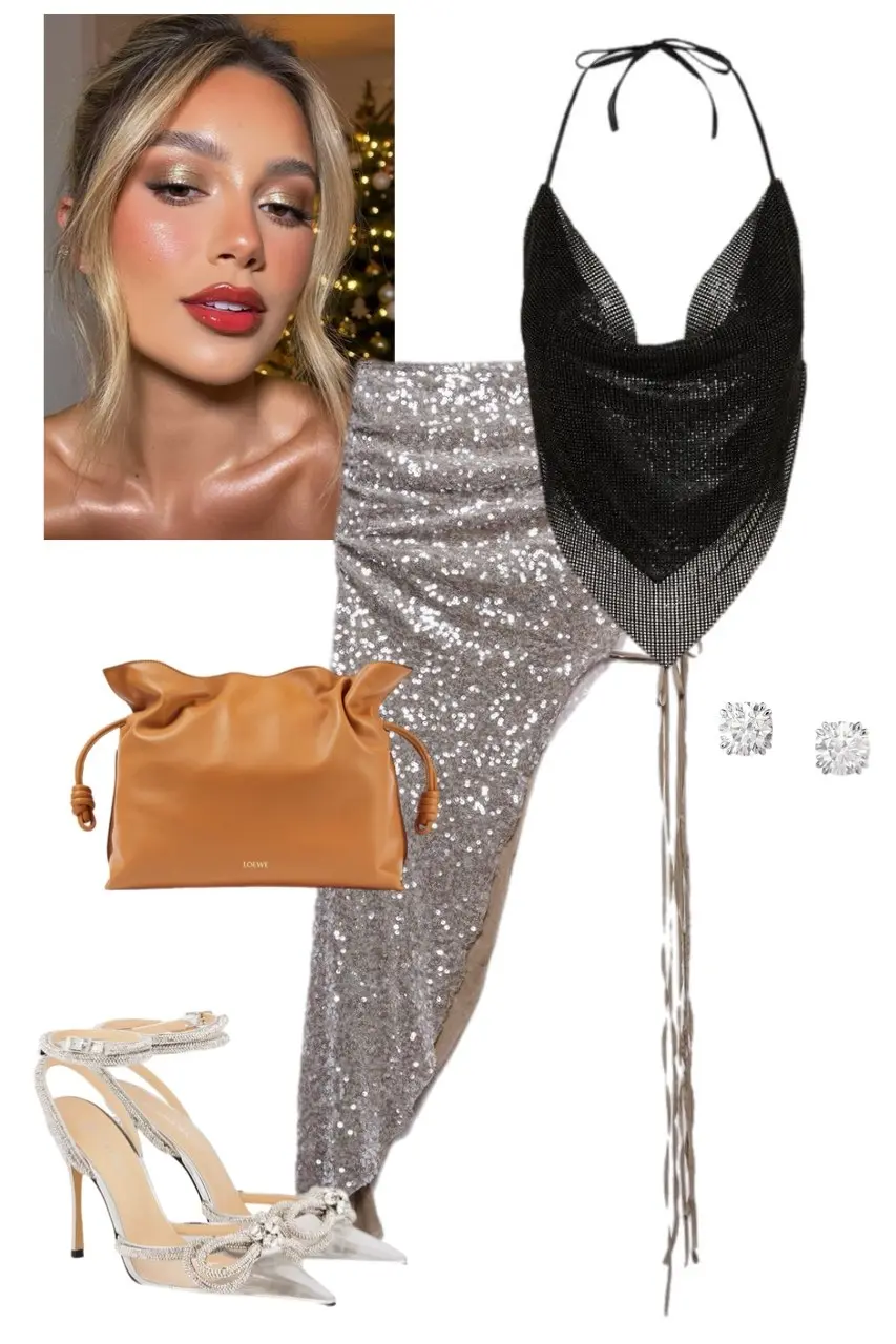 black chainmail triangular halter top silver fringe tail silver ruched sequin maxi skirt caramel drawstring clutch crystal stud earrings silver crystal bow heels Christmas night out outfit 13