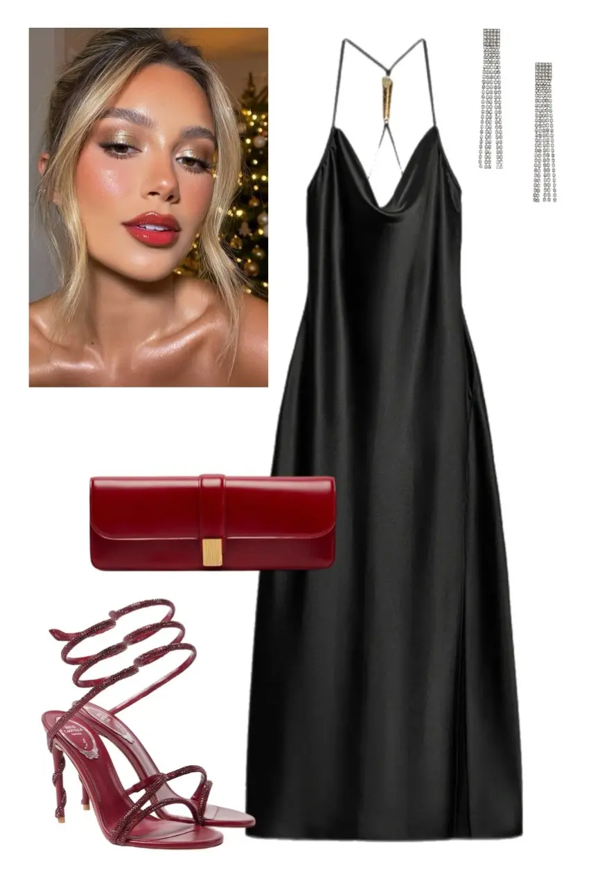 black satin cowl neck slip maxi dress gold hardware strap detail burgundy crystal wrap heeled sandals red patent leather clutch long crystal drop earrings Christmas party outfit 14