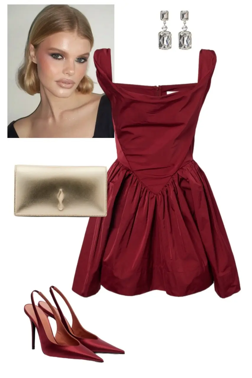 dark red burgundy taffeta pouf bubble mini dress structured square neckline matching dark red satin slingback heels gold metallic clutch crystal drop earrings Christmas night out outfit 16