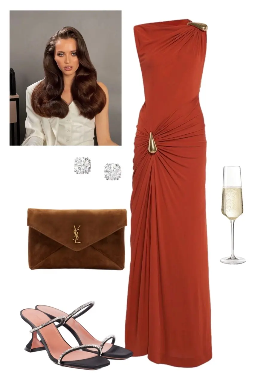 burnt orange one-shoulder ruched jersey maxi gown gold hardware pin details black crystal strap kitten heel sandals caramel suede envelope clutch crystal stud earrings Christmas party outfit 17