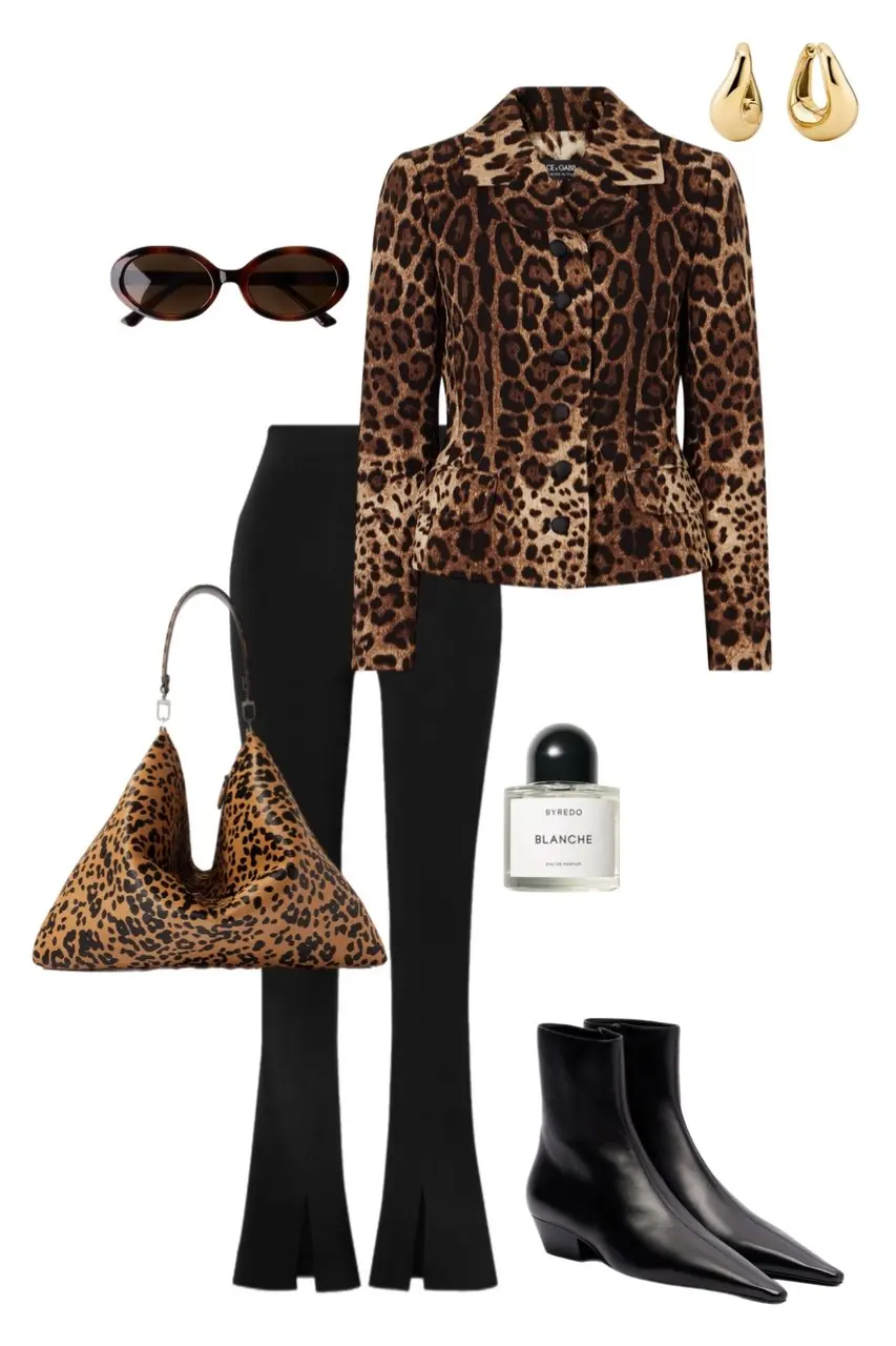 leopard print fitted blazer black flared trousers square toe ankle boots leopard triangle bag gold drop earrings tortoiseshell oval sunglasses outfit 1