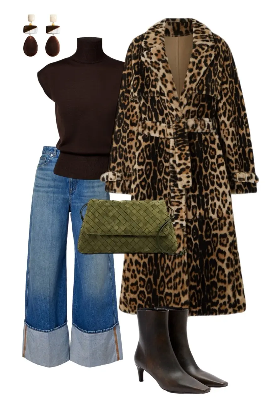 oversized leopard faux fur long coat dark brown turtleneck sleeveless top wide leg cuffed blue jeans olive woven shoulder bag dark kitten heel boots brown resin earrings outfit 2