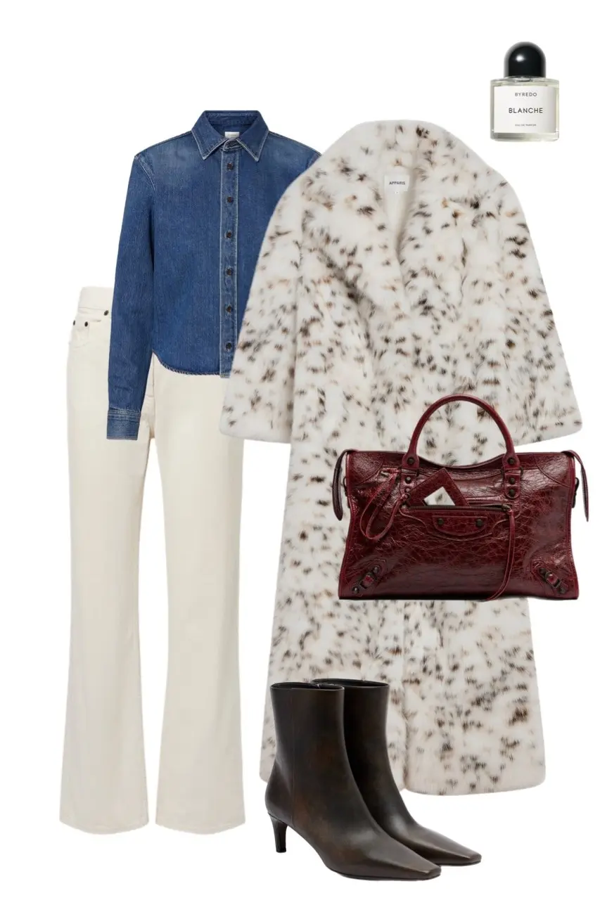 snow leopard faux fur long coat denim shirt ivory straight leg jeans burgundy leather bag dark kitten heel ankle boots Byredo Blanche perfume outfit 4