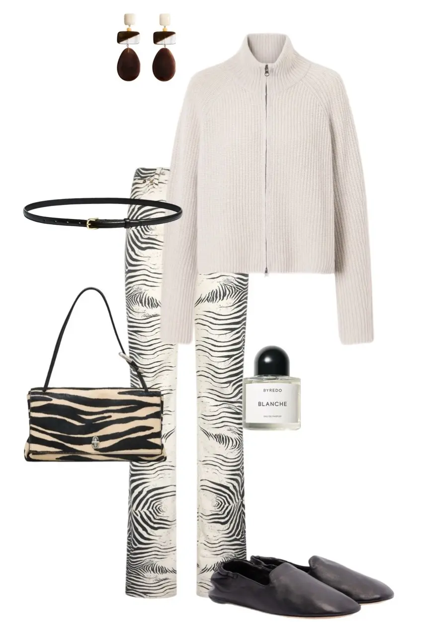 zebra print straight leg trousers cream zip up ribbed cardigan black leather flat loafers zebra print haircalf shoulder bag thin black leather belt brown resin drop earrings Byredo Blanche perfume outfit 5