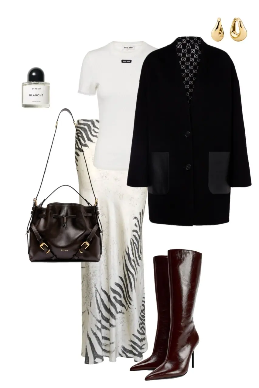 zebra print maxi skirt white fitted tee black longline coat with jacquard lining burgundy patent knee high stiletto boots dark chocolate leather bucket bag gold drop earrings Byredo Blanche perfume outfit 7
