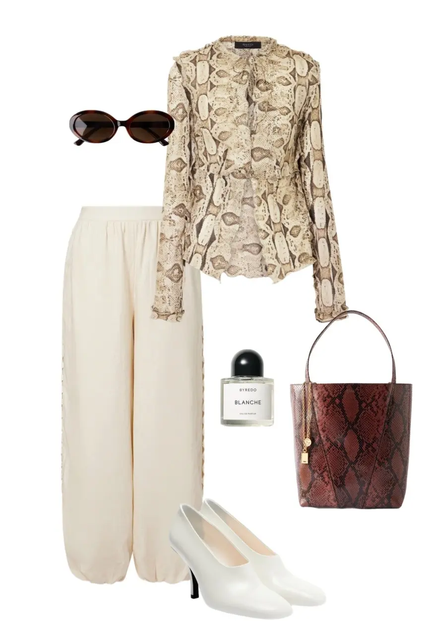 ivory snake print ruffle blouse cream wide palazzo trousers white square toe kitten heel pumps burgundy snake print tote bag tortoiseshell oval sunglasses Byredo Blanche perfume outfit 8