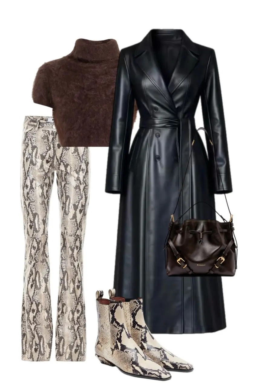 snake print leather flare trousers brown cropped fuzzy turtleneck black leather longline trench coat snake print ankle boots dark chocolate leather bucket bag outfit 10