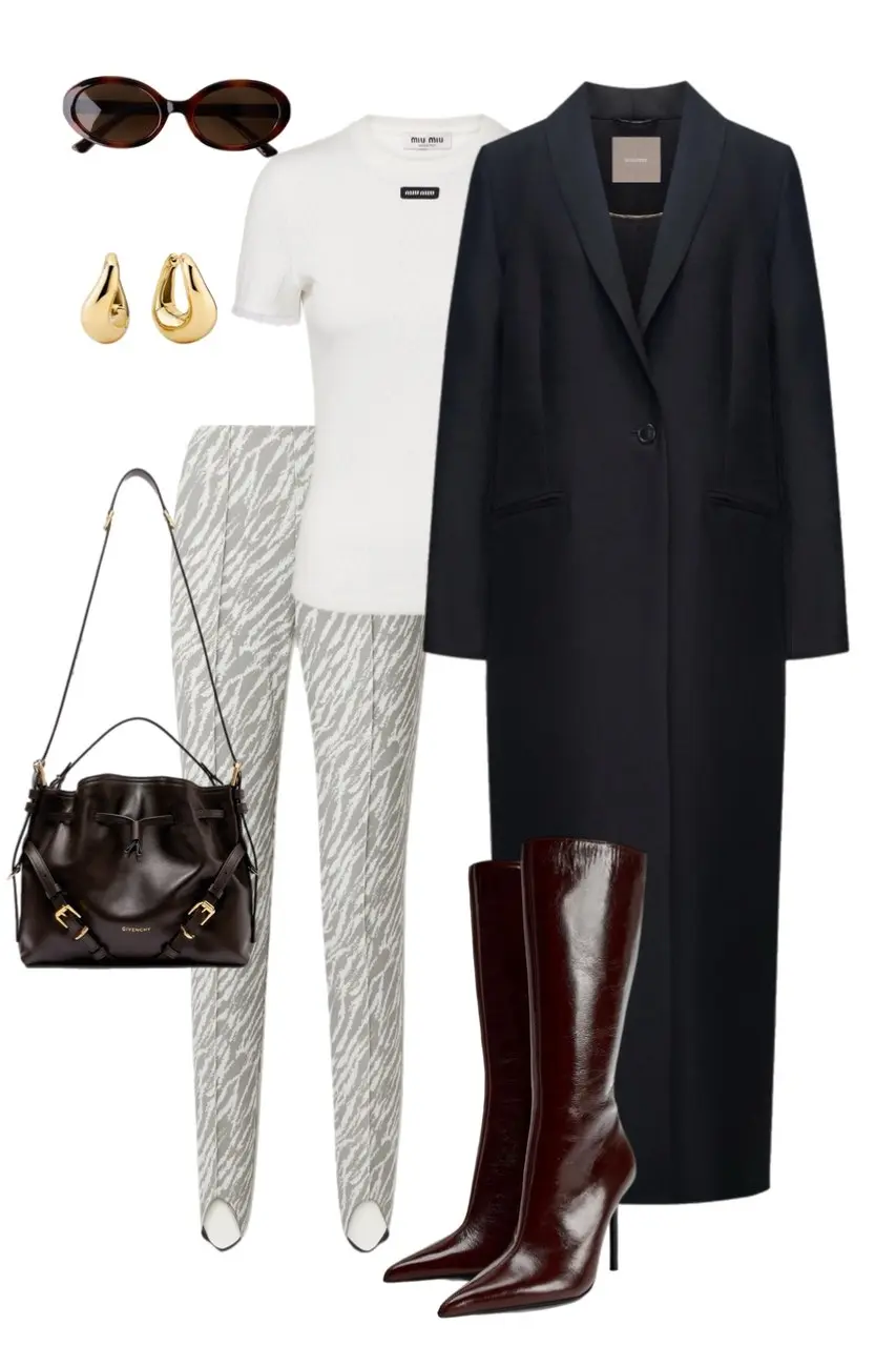 grey zebra print tailored trousers white fitted tee black longline single button coat burgundy patent knee high boots dark chocolate leather bucket bag gold drop earrings tortoiseshell oval sunglasses outfit 11