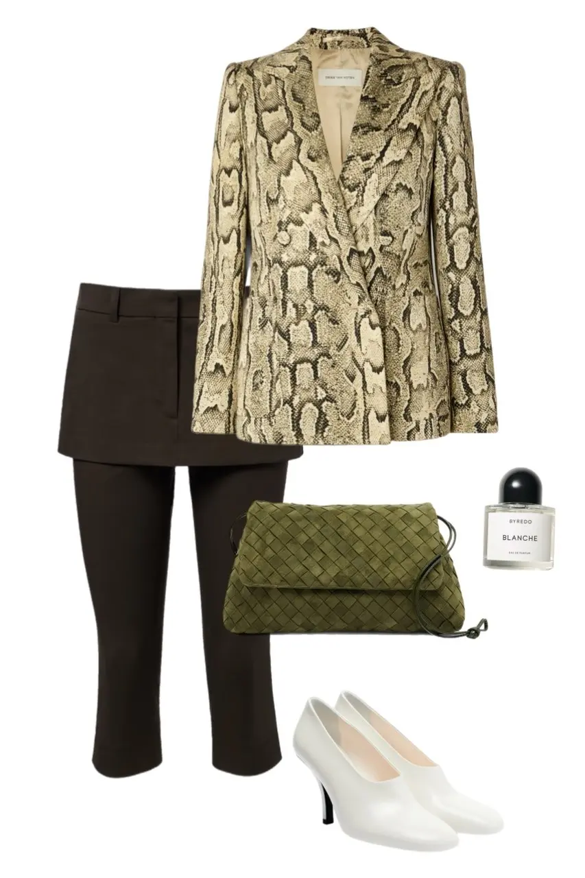 snake print double breasted blazer dark chocolate mini skirt over cropped dark trousers white kitten heel pumps olive woven suede shoulder bag Byredo Blanche perfume outfit 13