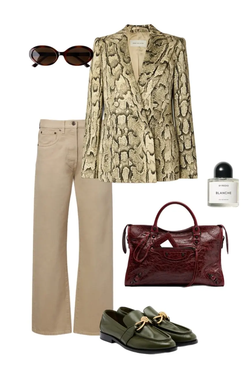 snake print double breasted blazer camel wide leg jeans olive hardware loafers burgundy studded structured bag tortoiseshell oval sunglasses Byredo Blanche perfume outfit 14