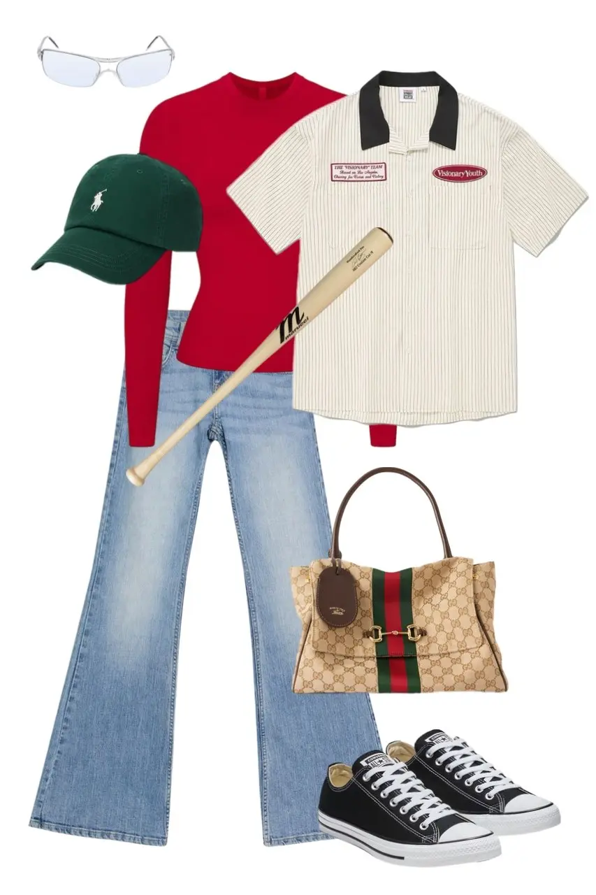 red mock-neck long sleeve top cream pinstripe bowling shirt open over it flared light wash jeans black Converse low tops green Polo Ralph Lauren baseball cap shield sunglasses Gucci monogram tote bag baseball bat prop outfit 1