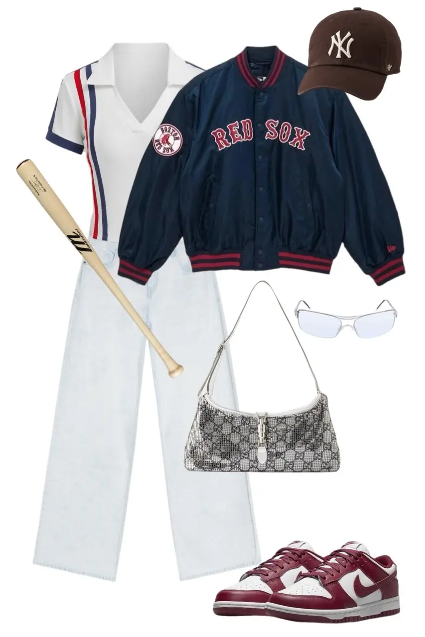 navy Red Sox satin varsity bomber jacket white and red striped polo tee pale wide-leg jeans maroon Nike Dunk Low sneakers brown NY Yankees 47 brand cap silver shield sunglasses sparkly Gucci monogram shoulder bag baseball bat prop outfit 2