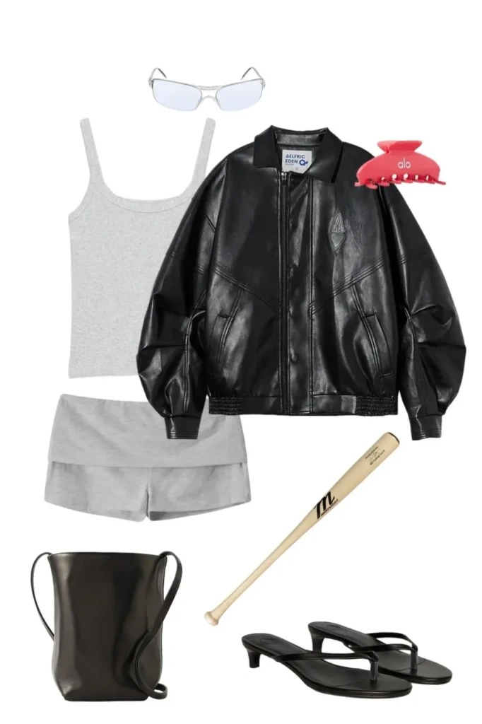 gray ribbed tank top gray athletic shorts oversized black faux leather bomber jacket red Alo claw clip silver shield sunglasses black leather bucket crossbody bag black kitten heel thong sandals baseball bat prop outfit 3