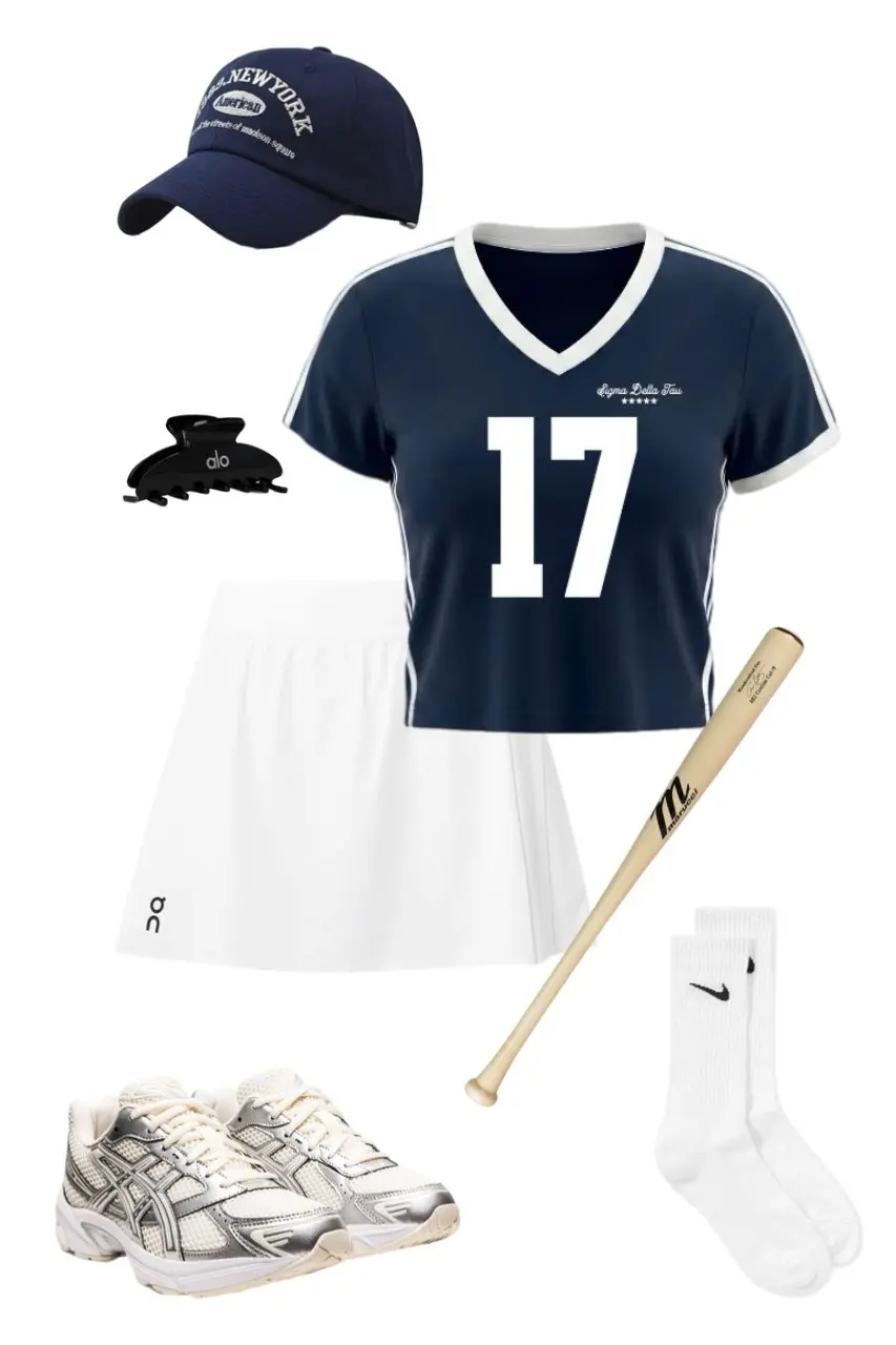 navy number 17 crop jersey top white athletic mini skirt with stripe detail silver Asics gel sneakers white Nike crew socks navy American Needle New York cap black Alo claw clip baseball bat prop outfit 4