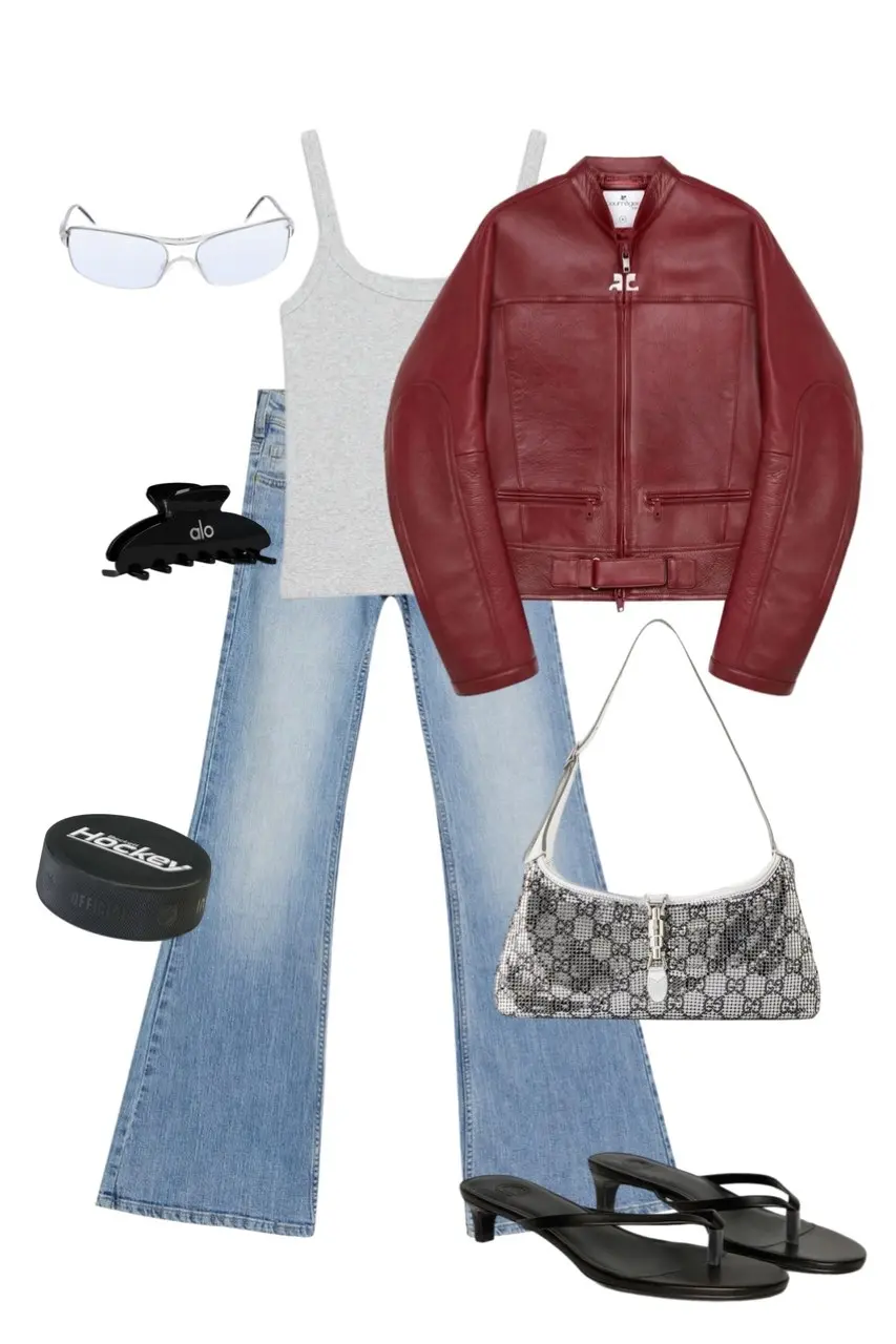 gray ribbed tank top flared light wash jeans burgundy racing leather jacket black Alo claw clip silver shield sunglasses silver and black Gucci monogram shoulder bag black kitten heel thong sandals hockey puck prop outfit 5