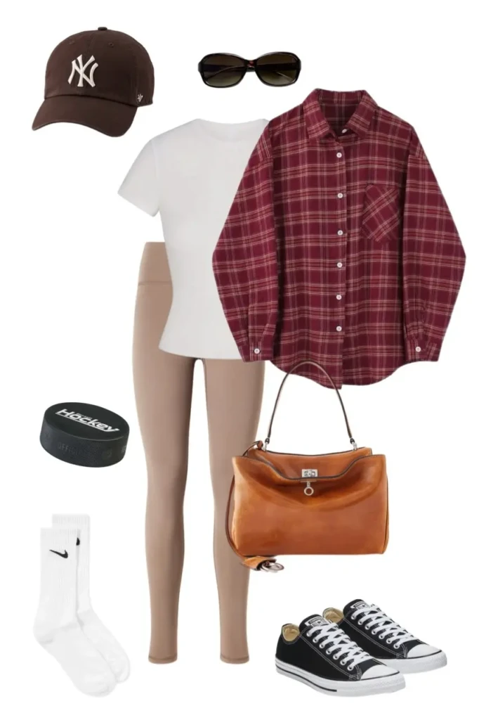 white fitted tee camel athletic leggings burgundy plaid flannel shirt worn open brown NY Yankees cap tortoiseshell sunglasses white Nike crew socks black Converse low tops cognac brown leather top handle bag hockey puck prop outfit 6
