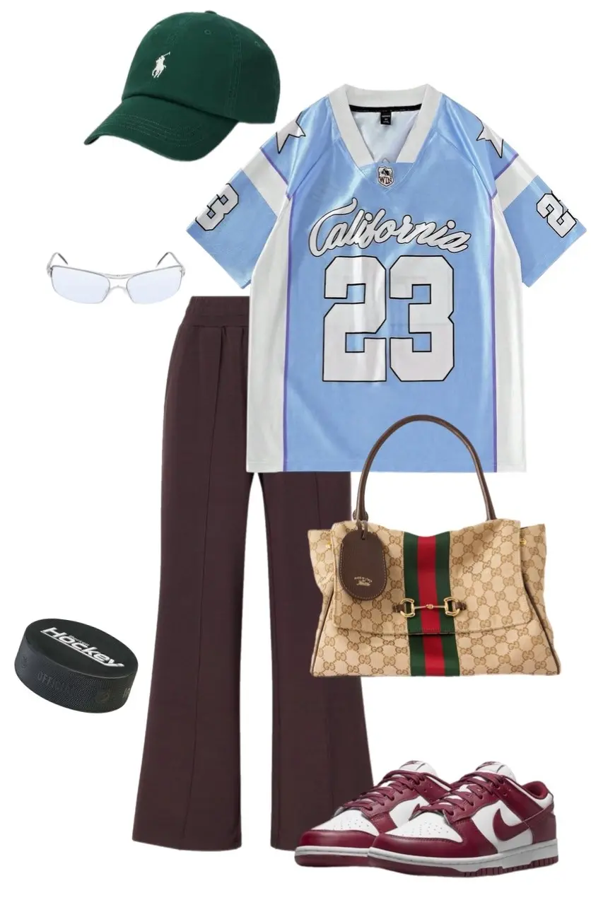 light blue California number 23 football jersey dark burgundy wide-leg track pants green Polo Ralph Lauren baseball cap silver shield sunglasses Gucci monogram tote bag maroon Nike Dunk Low sneakers hockey puck prop outfit 7