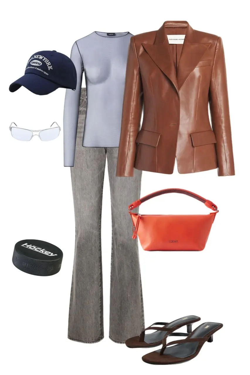 slate blue mesh fitted long sleeve top grey flared denim jeans cognac brown leather structured blazer navy American Needle New York cap silver shield sunglasses orange Loewe shoulder bag brown strappy kitten heel sandals hockey puck prop outfit 8