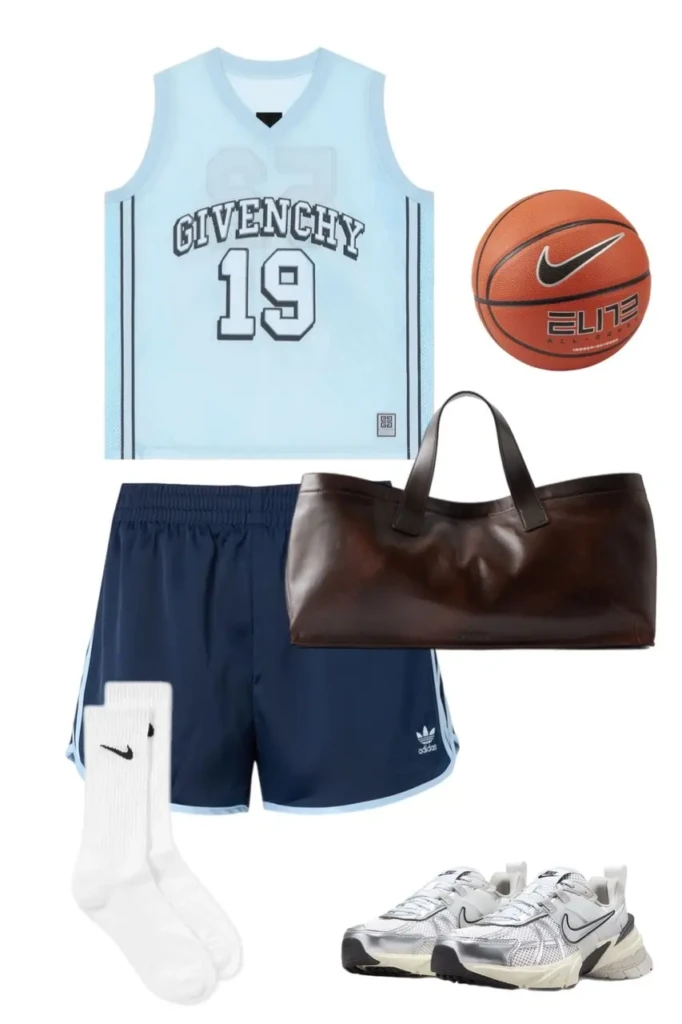 light blue Givenchy number 19 basketball jersey navy Adidas running shorts white Nike crew socks silver Nike sneakers dark brown leather oversized tote bag Nike basketball prop outfit 9