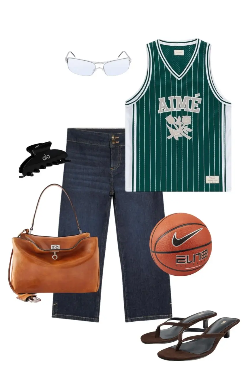 green Aimé Leon Dore striped basketball jersey dark indigo wide-leg cropped jeans black Alo claw clip silver shield sunglasses cognac brown leather top handle bag brown strappy kitten heel sandals Nike basketball prop outfit 10