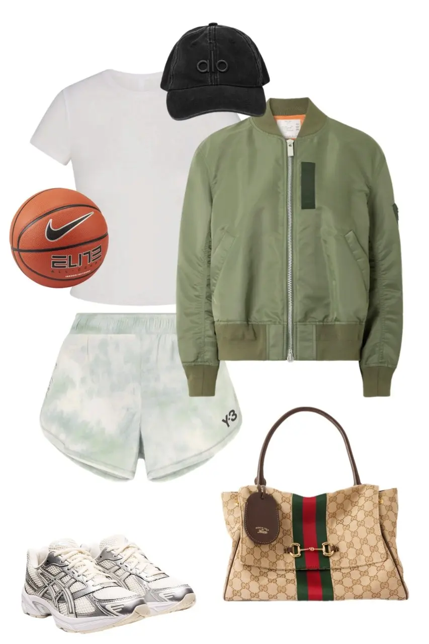 white fitted crop baby tee sage green tie dye Y-3 running shorts olive green bomber jacket black Alo washed baseball cap silver Asics sneakers Gucci monogram tote bag Nike basketball prop outfit 11