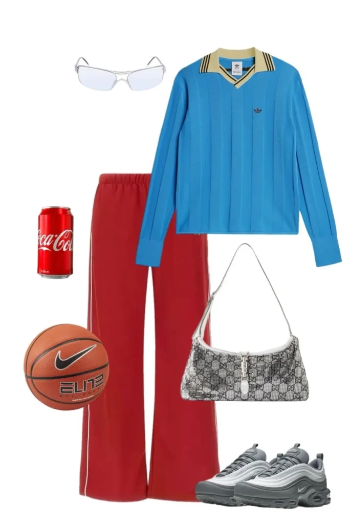 cobalt blue Adidas striped polo knit long sleeve sweater red wide-leg track pants with white stripe Nike Air Max 97 silver grey sneakers silver shield sunglasses silver Gucci Jackie monogram shoulder bag Coca-Cola can and basketball props outfit 12
