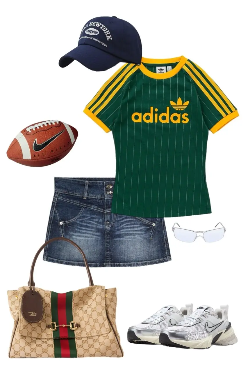 green yellow pinstripe Adidas logo crop tee dark wash denim micro mini skirt navy American Needle New York baseball cap silver shield sunglasses Gucci monogram tote bag silver Nike V2K sneakers Nike football prop outfit 13