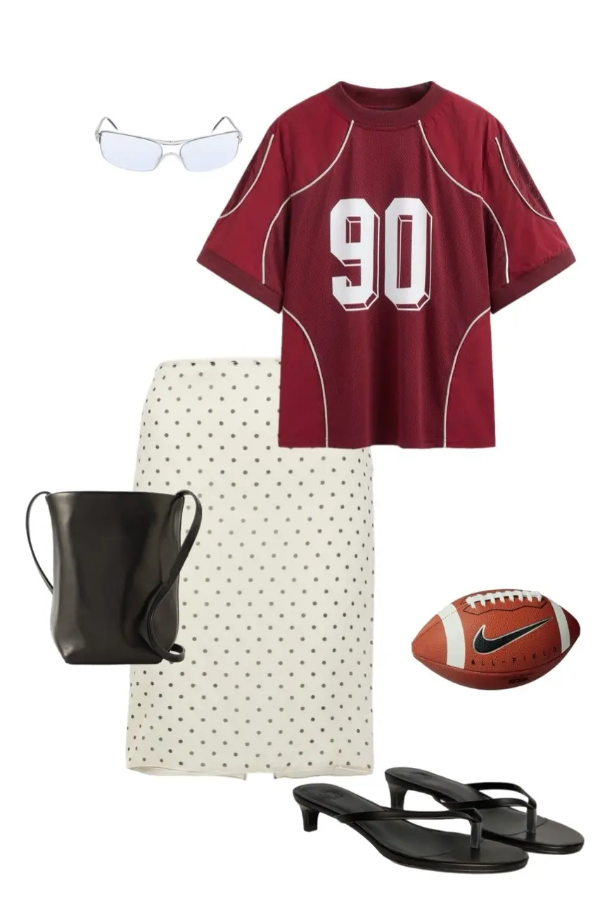 maroon mesh number 90 football jersey cream polka dot midi skirt black bucket leather crossbody bag silver shield sunglasses black kitten heel thong sandals Nike football prop outfit 14